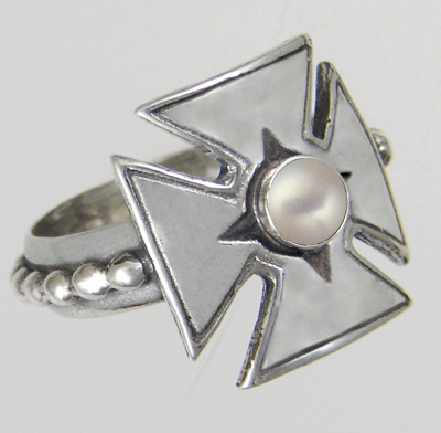 Sterling Silver Woman's Iron Cross Ring With Cultured Freshwater Pearl Size 7